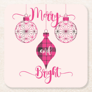 Merry and Bright Pink Plaid Ornament Vierkante Kartonnen Onderzetter
