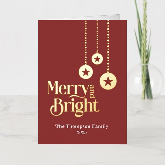 "Merry and Bright" Rood gevouwen Folie Vakantie Ka Folie Feestdagenkaart (Voorkant)