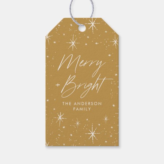Merry and Bright Script Gold Holiday Cadeaulabel (Voorkant)