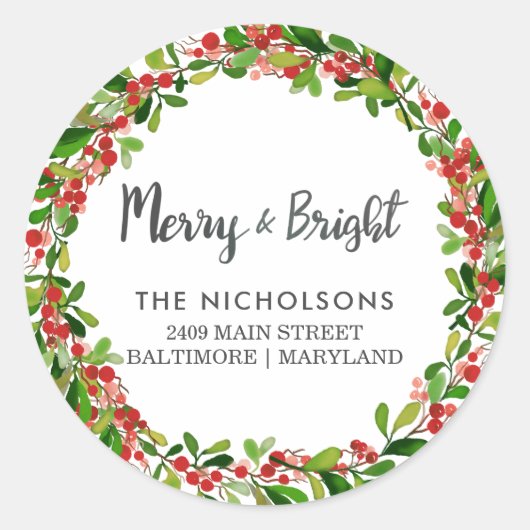 Merry and Bright Script | Terugkeeradres feestdag Ronde Sticker (Voorkant)