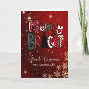 Merry and Bright, Snowflakes Red Holiday Card Feestdagen Kaart