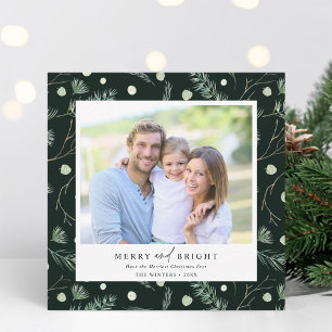 Merry and Bright Winter Greenery Photo Square Feestdagenkaart