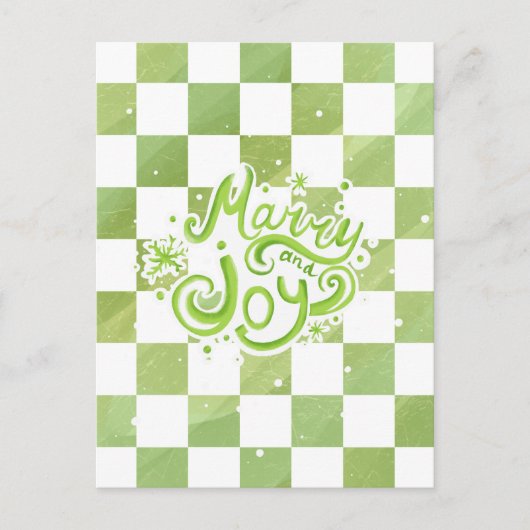 Merry and Joy Green Checkered Holiday Postcard Briefkaart (Voorkant)