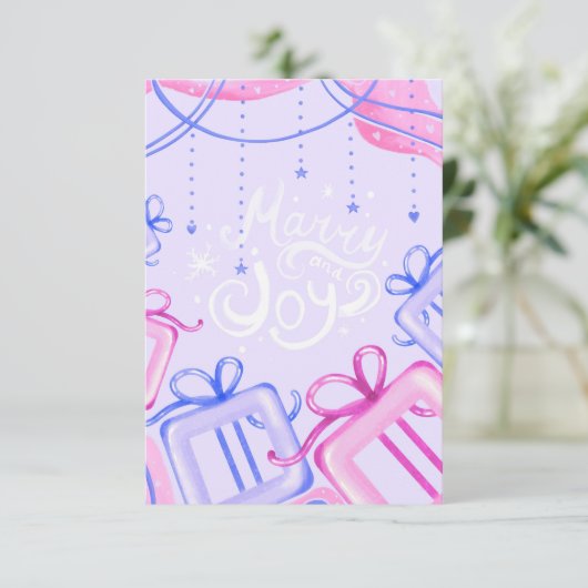 Merry and Joy Pastel Holiday Card with Gift Boxes Bedankkaart (Staand voorkant)