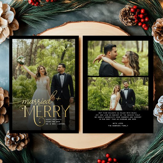 Merry and Married 3 foto's Passen getrouwd Kerst Folie Feestdagenkaart