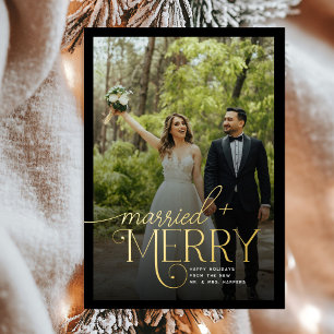Merry and Married 3 foto's Passen getrouwd Kerst Folie Feestdagenkaart