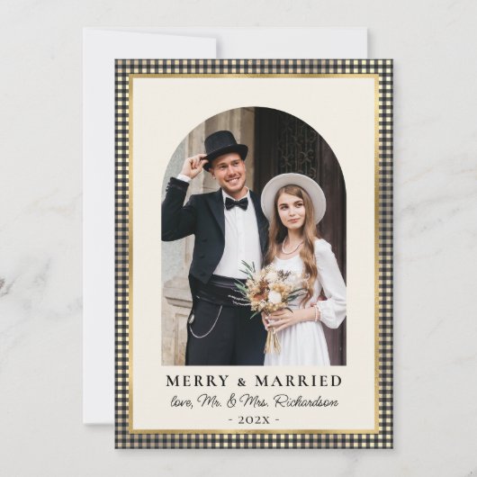 Merry and Married Arch Photo Black Gold Plaid Feestdagenkaart (Voorkant)