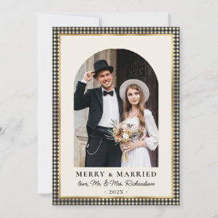Merry and Married Boog Foto Zwart Gouden Plaid Feestdagenkaart