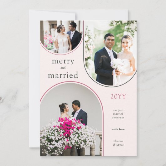 Merry and Married Modern Arch Pas getrouwd 3 Foto Feestdagenkaart (Voorkant)