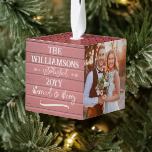 Merry and Married Red Barn Eerste Kerstfoto Kubus Ornament