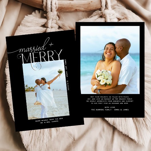 Merry and Married Script Foto Passen getrouwd Feestdagenkaart
