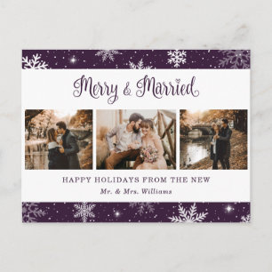 Merry and Married Snowflake Paarse Fotocollage Feestdagenkaart