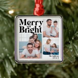 Merry & Bright 3 Familie Fotocollage Kerstmis Metalen Ornament