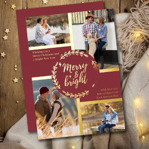 Merry & Bright 4 Foto Collage Donkerrood en Goud Folie Feestdagenkaart