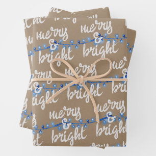 Merry & Bright Blue-kerstboomverlichting Kraft Inpakpapier Vel