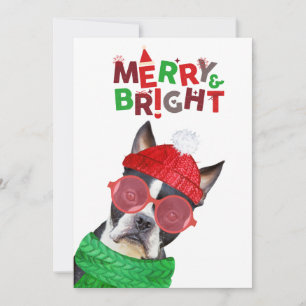 Merry & Bright Boston Terrier Bril Hoed Sjaal Feestdagenkaart