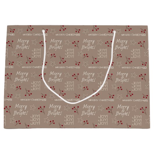 Merry & Bright Brown Gift Bag - Groot, glanzend Large Cadeautasje (Voorkant)