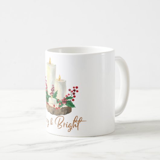 Merry & Bright Candle Holly Christmas Coffee Mug (Devant droit)