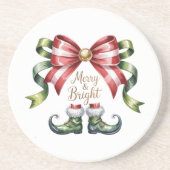 Merry & Bright Christmas Bow & Elf Shoes Coaster Zandsteen Onderzetter (Voorkant)