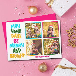 Merry Bright Christmas Photo Collage Roze Feestdagenkaart