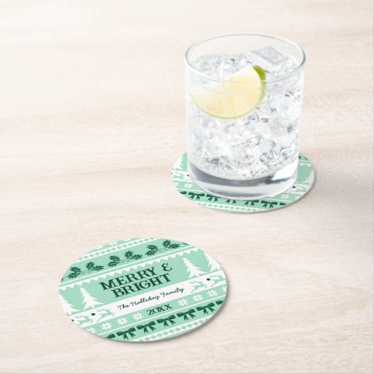 Merry & Bright Christmas Sweater Mint Green Ronde Kartonnen Onderzetter (Insitu)