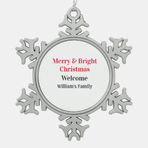 Merry Bright Christmas voeg familienaam welkomstvr Tin Sneeuwvlok Ornament