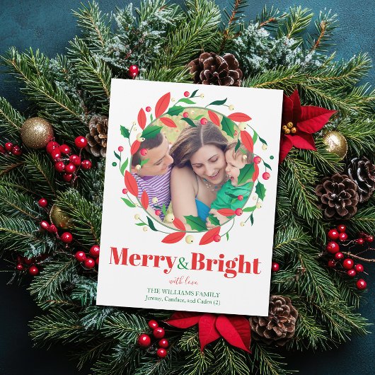 Merry & Bright Christmas Wreath Two Photo Magnet