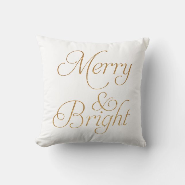 Merry & Bright - Coussin de Noël en or et blanc (Recto)