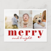 Merry Bright Drie Foto Chic Rood Wit Kerstmis Feestdagenkaart (Voorkant)