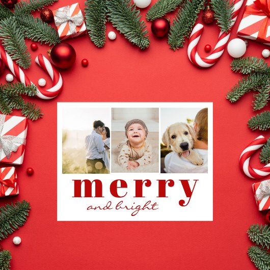 Merry Bright Drie Foto Chic Rood Wit Kerstmis Feestdagenkaart