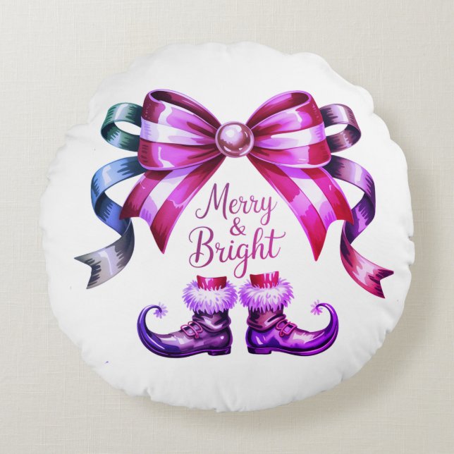 Merry & Bright Enchanted Bow & Elf Shoes  Rond Kussen (Voorkant)
