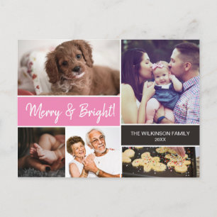 Merry & Bright Familie Fotocollage Roze Kerstmis Feestdagenkaart
