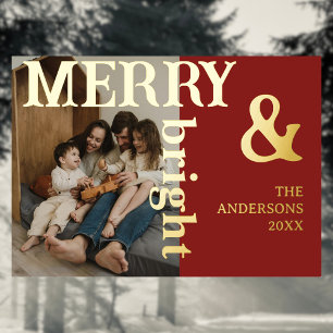 Merry & Bright Family Foto Elegant Deep Bourgondië Folie Feestdagenkaart