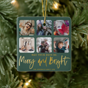 Merry & Bright Faux Goud & Groen 6 Foto Kerstmis Keramisch Ornament