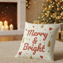Merry & Bright" Festive Christmas Throw Pillow