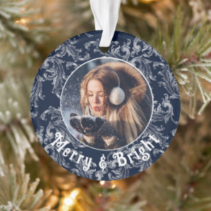 Merry & Bright Foto Gepersonaliseerde Blauwe Vinta Ornament