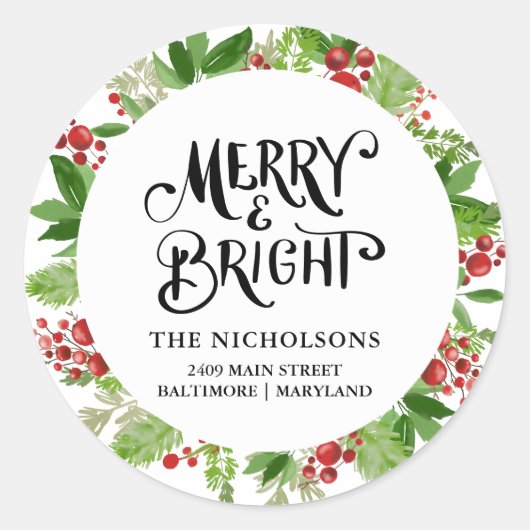 Merry & Bright Holiday Wreath-script Ronde Sticker (Voorkant)