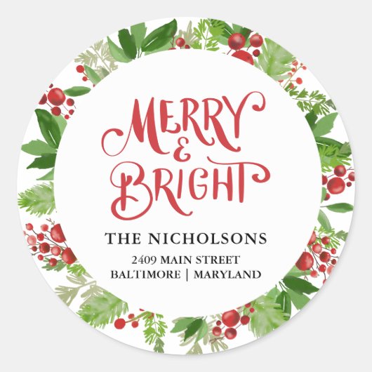 Merry & Bright Holiday Wreath-script Ronde Sticker (Voorkant)