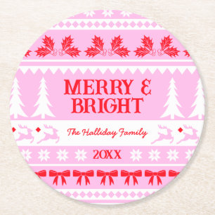 Merry & Bright Kersttrui Roze en Rood Ronde Kartonnen Onderzetter