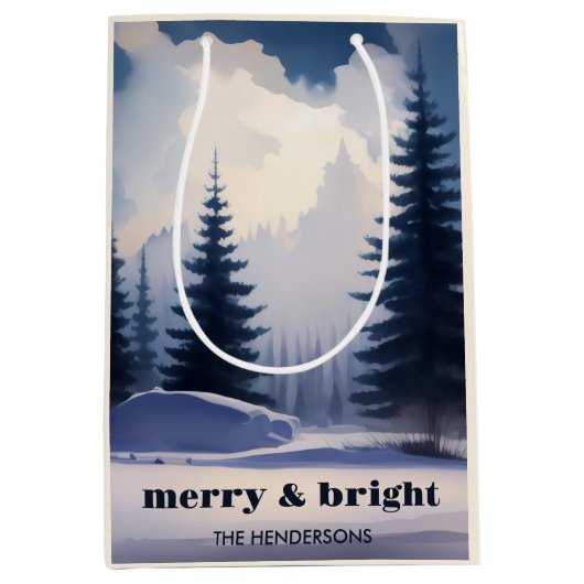 Merry & Bright l Blue Waterverf Pine Forest Medium Cadeauzakje (Voorkant)