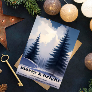 Merry & Bright l Blue Waterverf Pine Tree Forest Feestdagenkaart