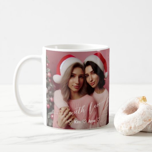 Merry & Bright Lesbische Retro Roze | Aangepaste f Koffiemok (Met donut)