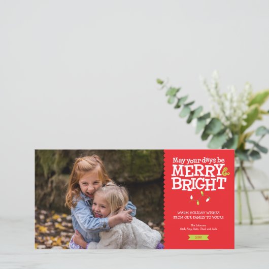 Merry & Bright Leuke Kerstverlichting Fotokaart Feestdagenkaart (Staand voorkant)