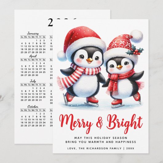 Merry Bright Leuke Pinguïns Witte Rode Kerst Feestdagenkaart (Voorkant / Achterkant)