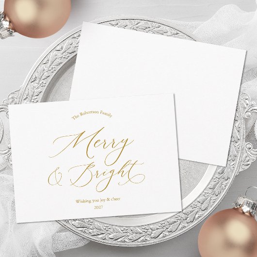 Merry & Bright Minimalist Gold Script Christmas Feestdagenkaart