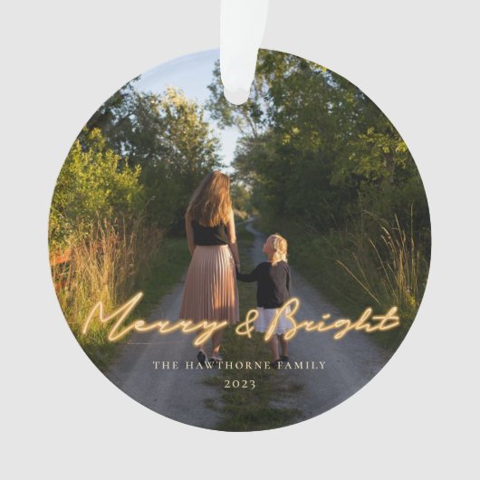 Merry & Bright Neon Lettering Photo Holiday Ornament (voorkant)