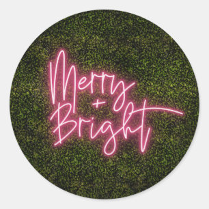 Merry + Bright Neon Sign Boxwood Kerstmis Ronde Sticker