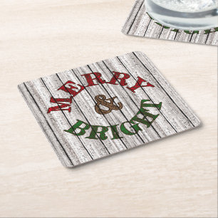 Merry & Bright On Weathered Wooden Planten Pattern Vierkante Kartonnen Onderzetter