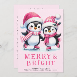 Merry & Bright Penguin Ice Skaters Roze Kerst Feestdagenkaart