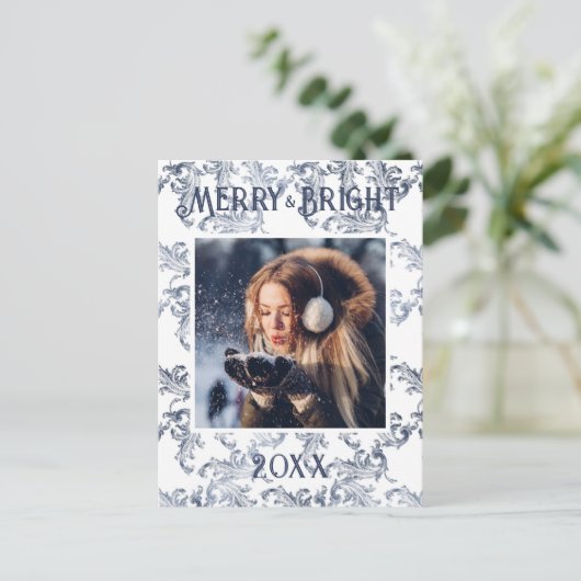 Merry & Bright Photo Blue  vakantie Briefkaart (Staand voorkant)
